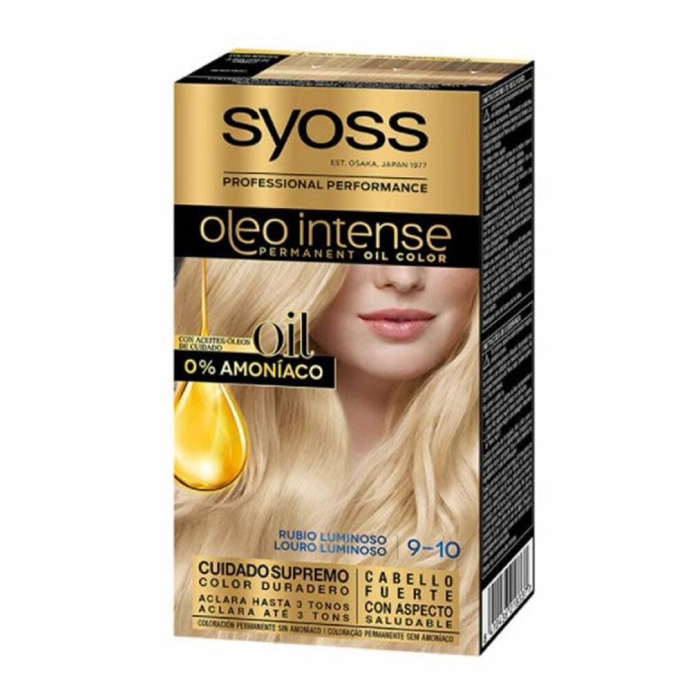 Syoss Oleo Intense Haarfarbe, 9-10 Biondo Luminoso. Verpackung mit Produktabbildung und Text. 0% Ammoniak.