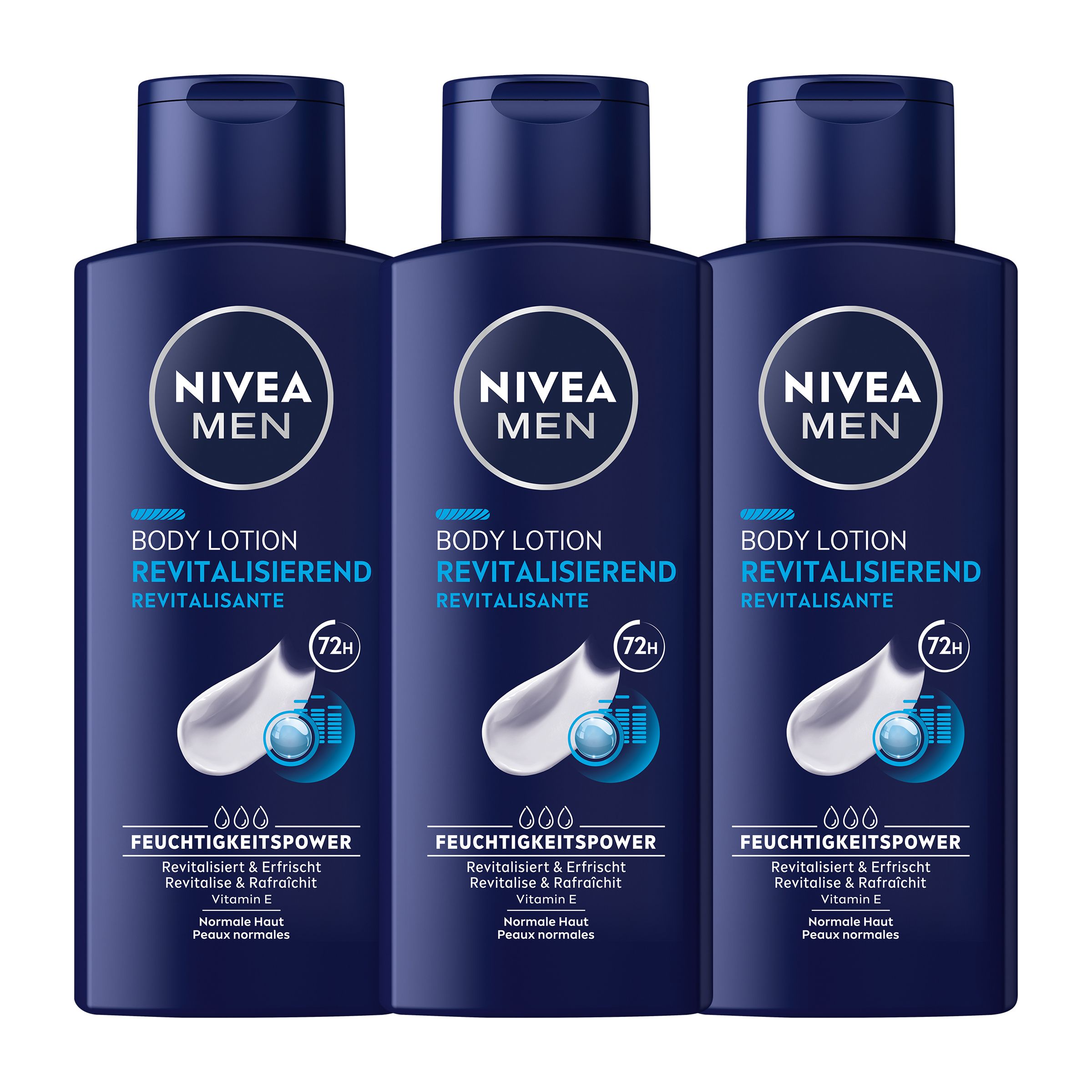 Drei blaue Flaschen NIVEA MEN Body Lotion. Aufschrift: Revitalisierend, 72h Feuchtigkeit. Weiße Creme-Darstellung.