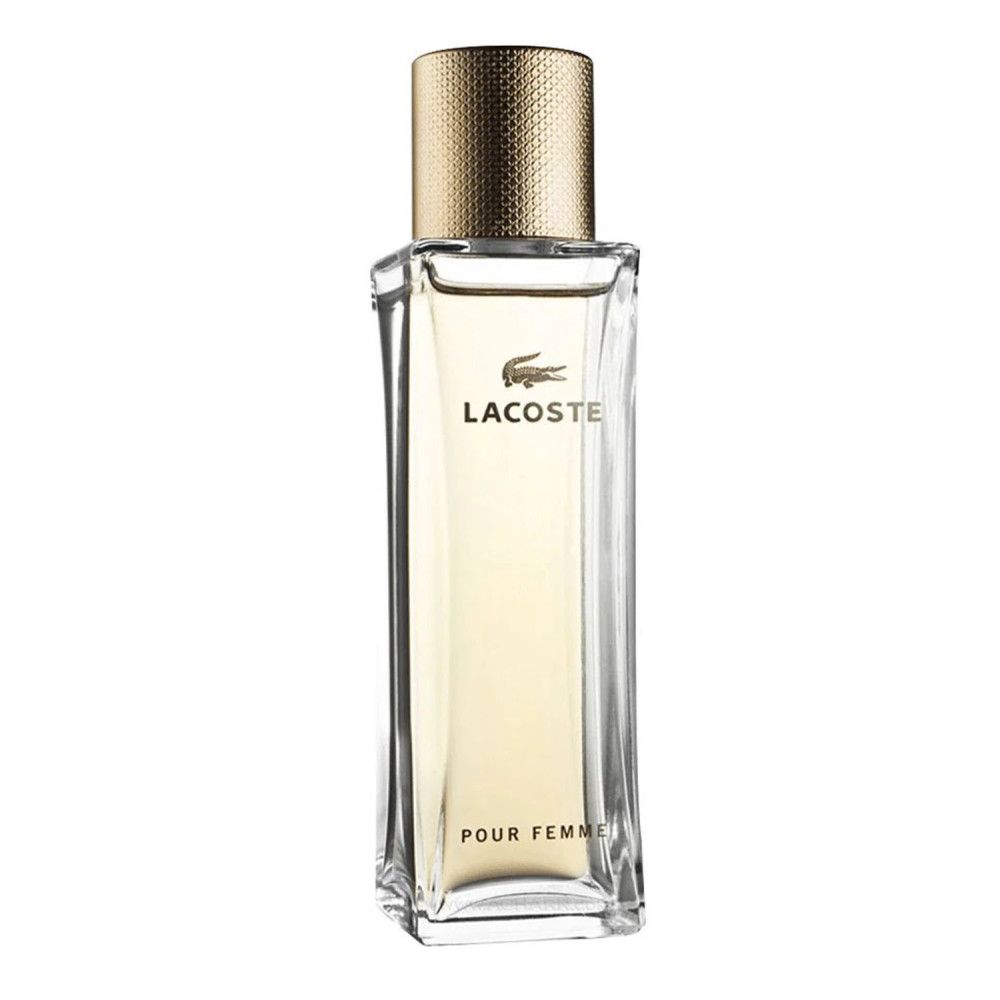 Rechteckiger Flakon mit goldfarbenem Verschluss. Lacoste-Logo und Schriftzug "Pour Femme" auf dem Etikett.