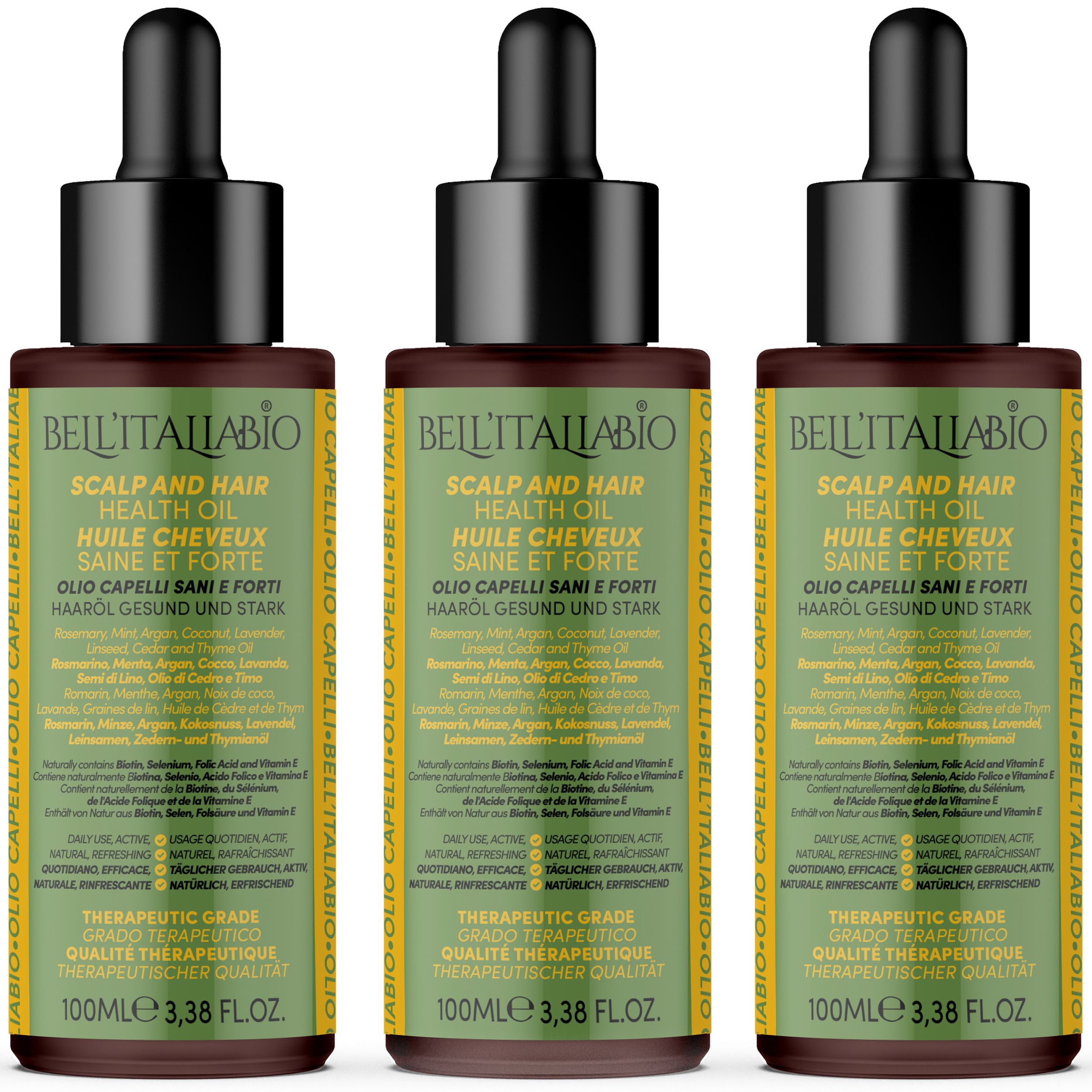 Drei Flaschen Bell'Italiabio Haaröl. Braune Glasflaschen mit schwarzem Deckel und Pipette. Text: Scalp and Hair Health Oil.