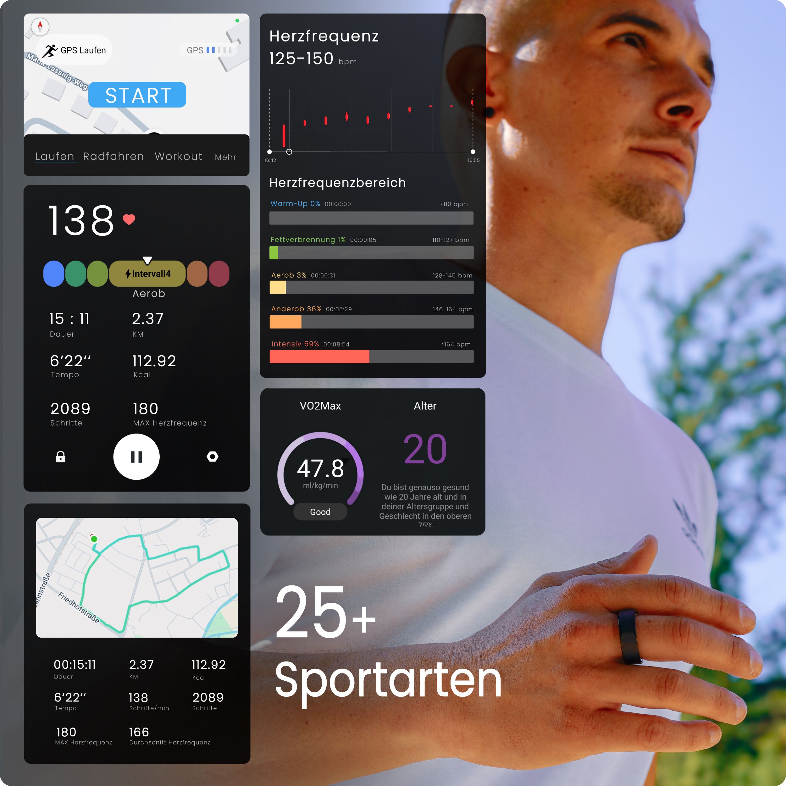 Mann mit Ring beim Training. Smartphone-App zeigt Sportarten und Herzfrequenzdaten.