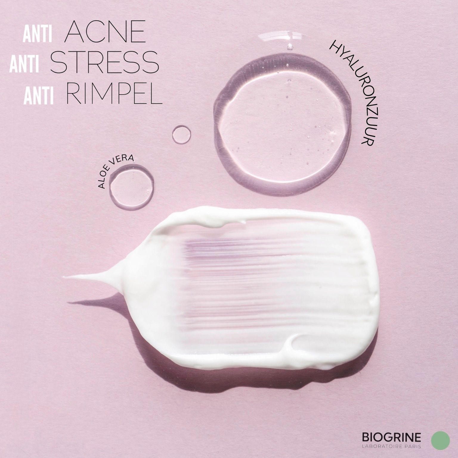 Tekst: Anti-acne, anti-stress, anti-rimpel. Aloë vera, hyaluronzuur. Crème-monster.