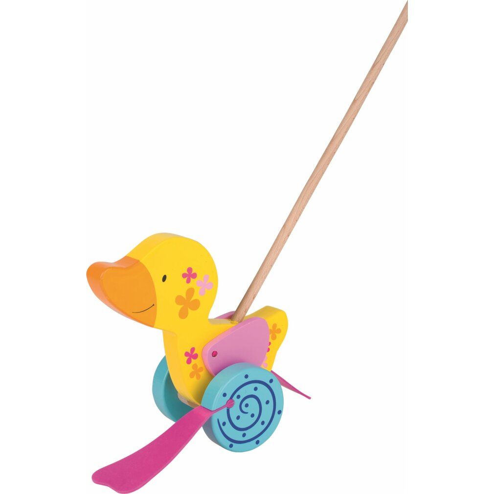 Gelbe Ente mit Rädern und Stiel. Rosa Flügel und Propeller. Blaue Räder mit Spiralmuster. Holzspielzeug.