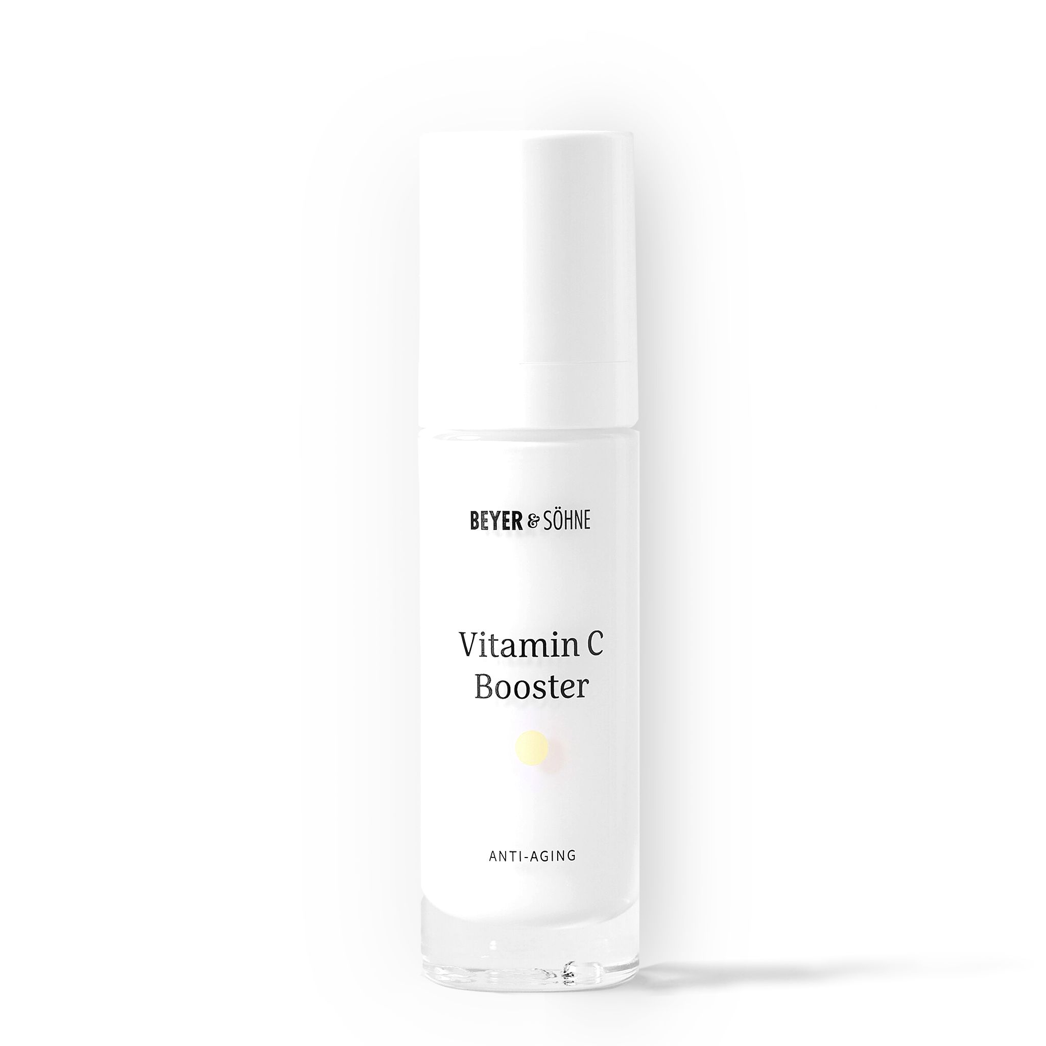 Weißer Serum-Flakon mit Aufschrift 'Vitamin C Booster' und 'ANTI-AGING'.