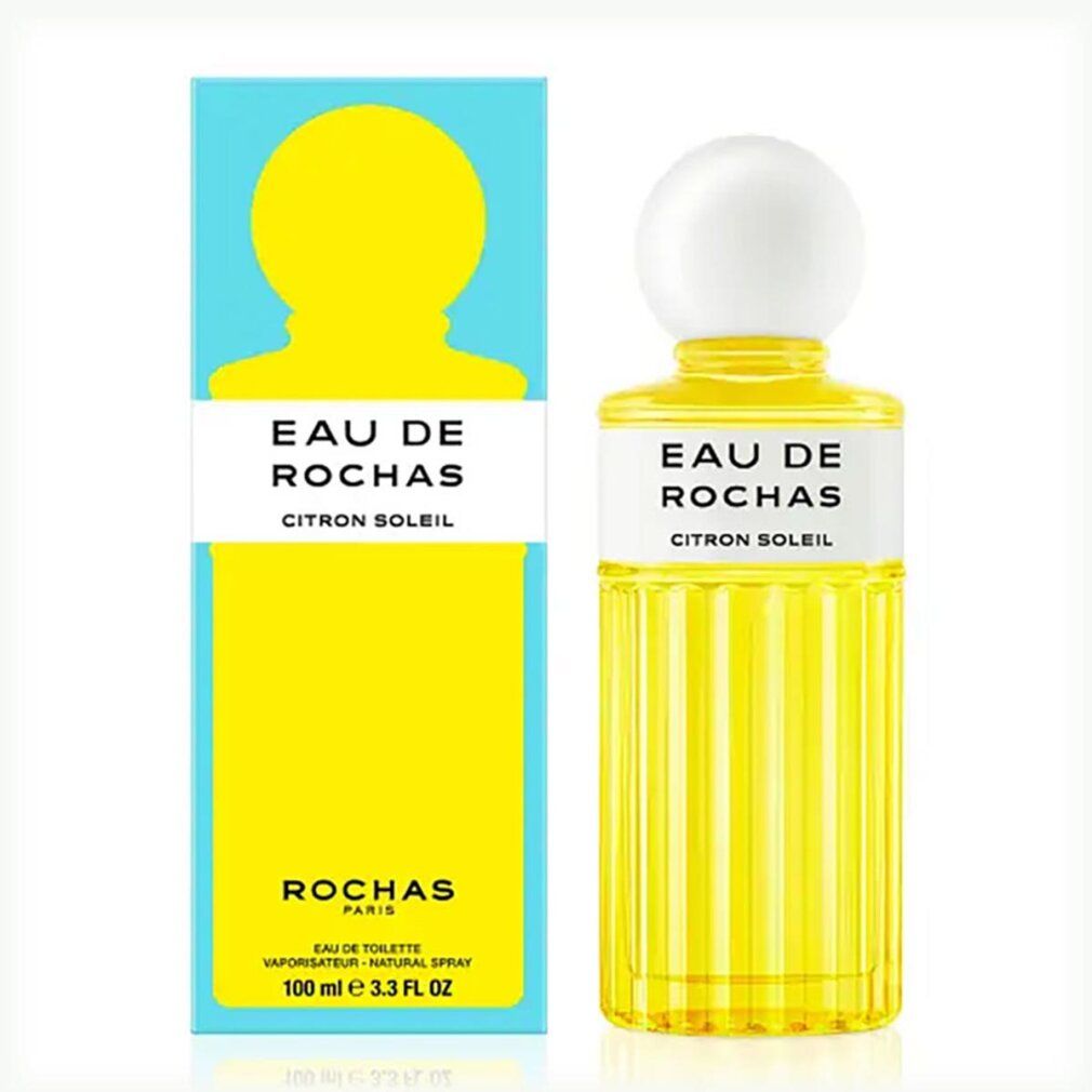 Gelbes Eau de Toilette Spray mit Verpackung. Aufschrift: Eau de Rochas Citron Soleil. Flakon mit weißem Deckel.