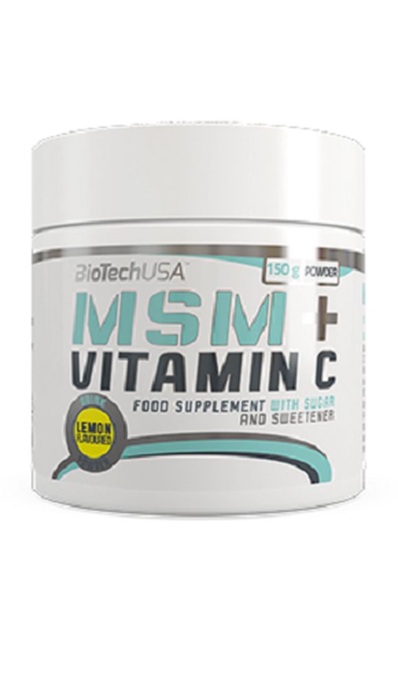 Weißes Dose mit Aufschrift BioTechUSA MSM + Vitamin C. 150g Pulver. Mit Zitrone Geschmack. Nahrungsergänzungsmittel mit Zucker und Süßstoff.