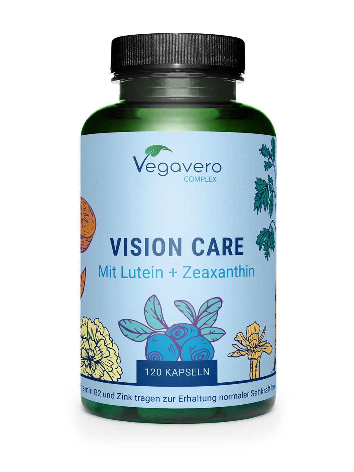 Grüne Flasche mit schwarzem Deckel. Aufschrift: Vegavaro COMPLEX, VISION CARE, 120 Kapseln. Mit Lutein + Zeaxanthin. Illustrationen von Früchten und Pflanzen.