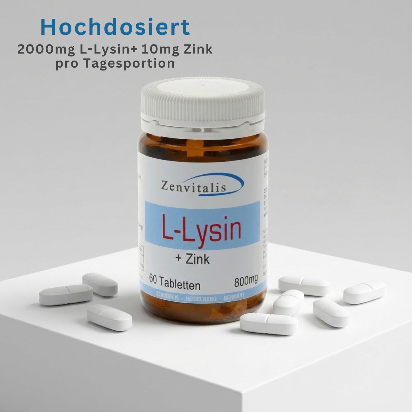 Braune Flasche mit weißen Tabletten. Aufschrift: L-Lysin + Zink, 60 Tabletten, 800mg. Text: 2000mg L-Lysin+10mg Zink pro Tagesportion.