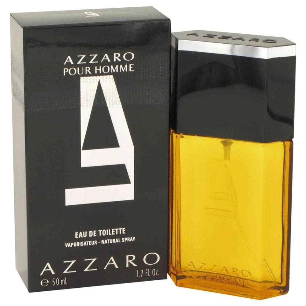 Azzaro Pour Homme Eau de Toilette Spray. Schwarze Schachtel und Flakon. Flakon mit gelber Flüssigkeit. 50ml.
