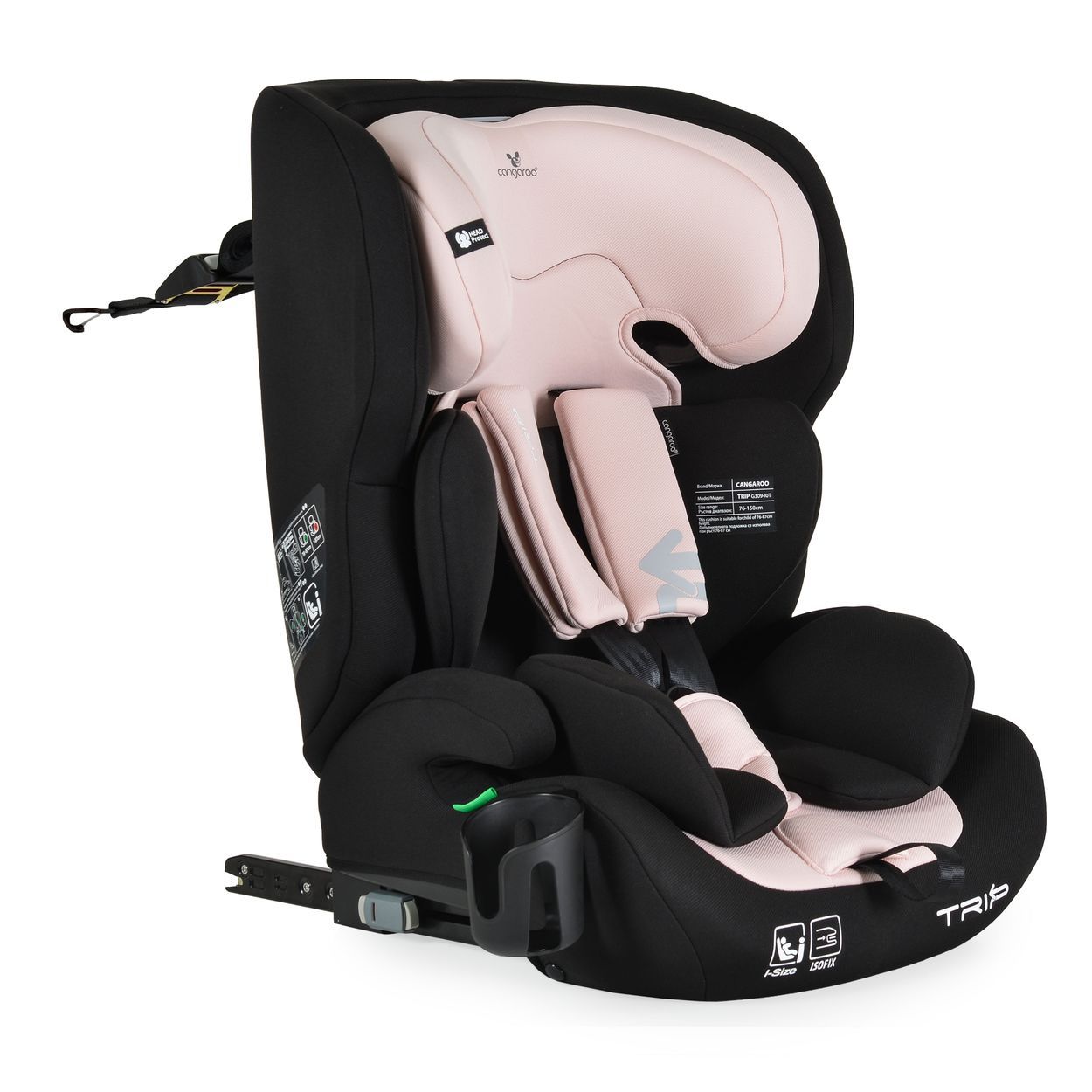 Schwarzer Kindersitz mit rosa Akzenten, Kopfstütze und 5-Punkt-Gurt, mit Becherhalter.