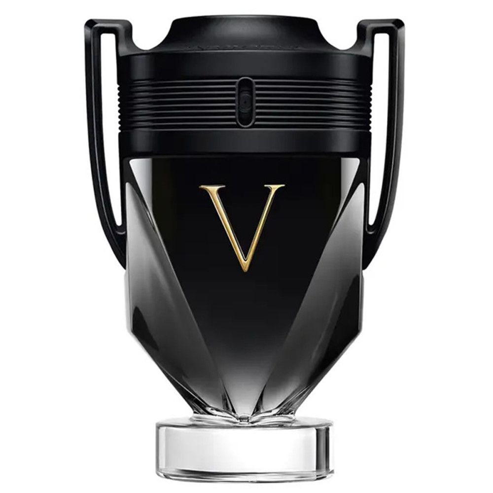 Schwarzer Flakon mit goldener "V"-Markierung. Der Flakon hat eine schwarze Kappe und einen transparenten Sockel.