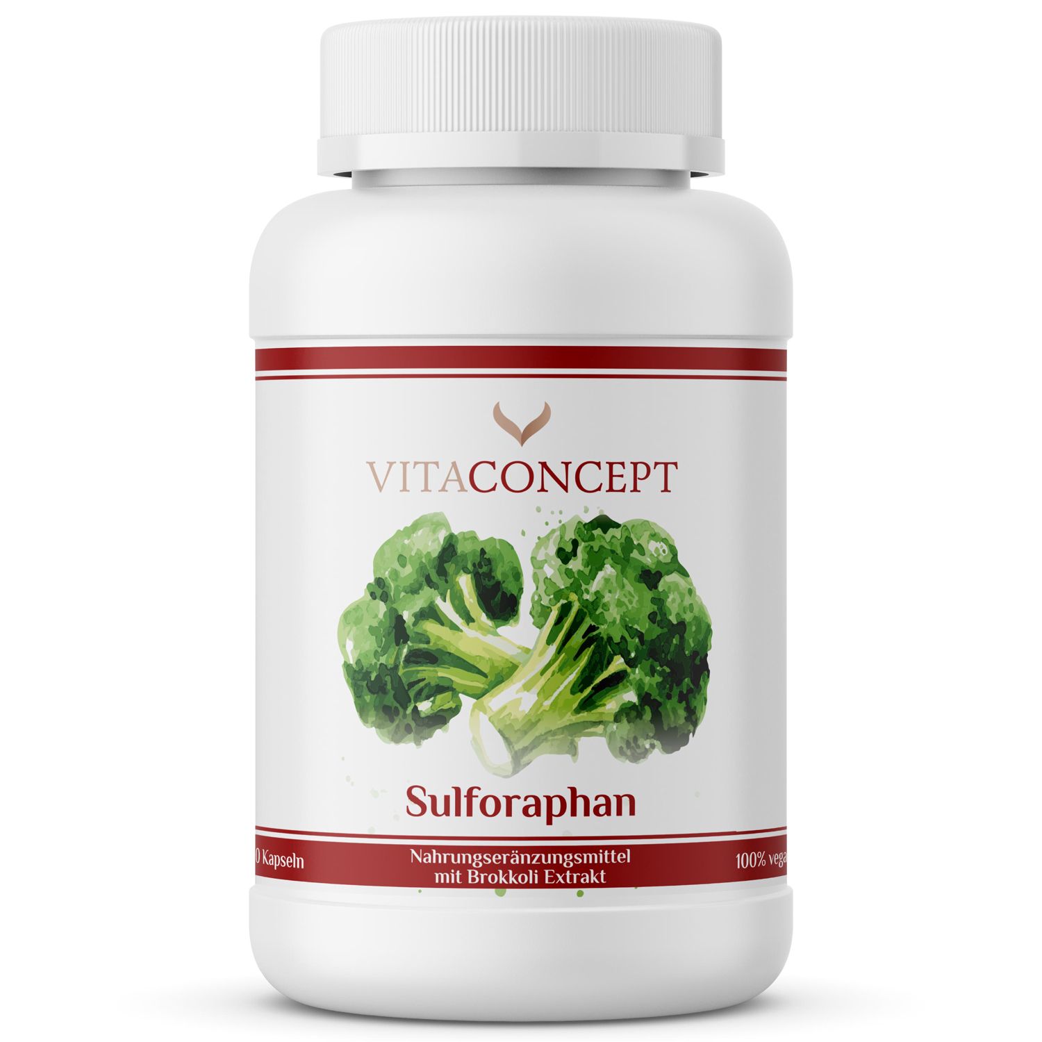 Weiße Kapsel-Dose mit rotem Etikett. Aufschrift: VITACONCEPT, Sulforaphan, Brokkoli-Illustration. 100% vegan.