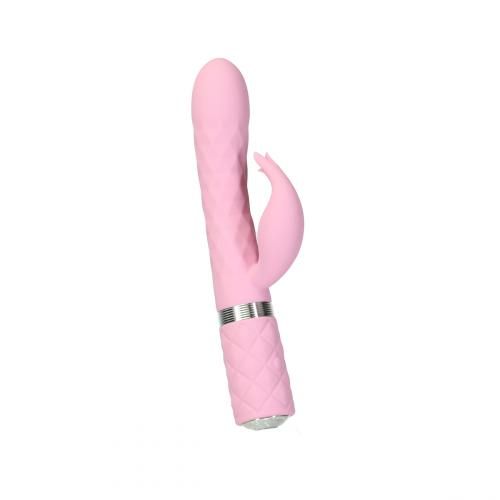 Rosa Vibrator mit geriffelter Oberfläche und Hasenohren-Design. Silberfarbener Ring am Schaft. Unterteil mit Rautenmuster.