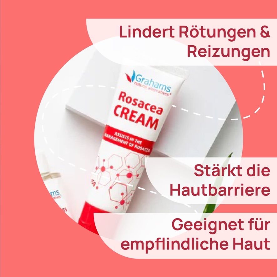 Tube Rosazea Creme. Logo von Grahams. Text: Lindert Rötungen & Reizungen, stärkt die Hautbarriere, geeignet für empfindliche Haut.