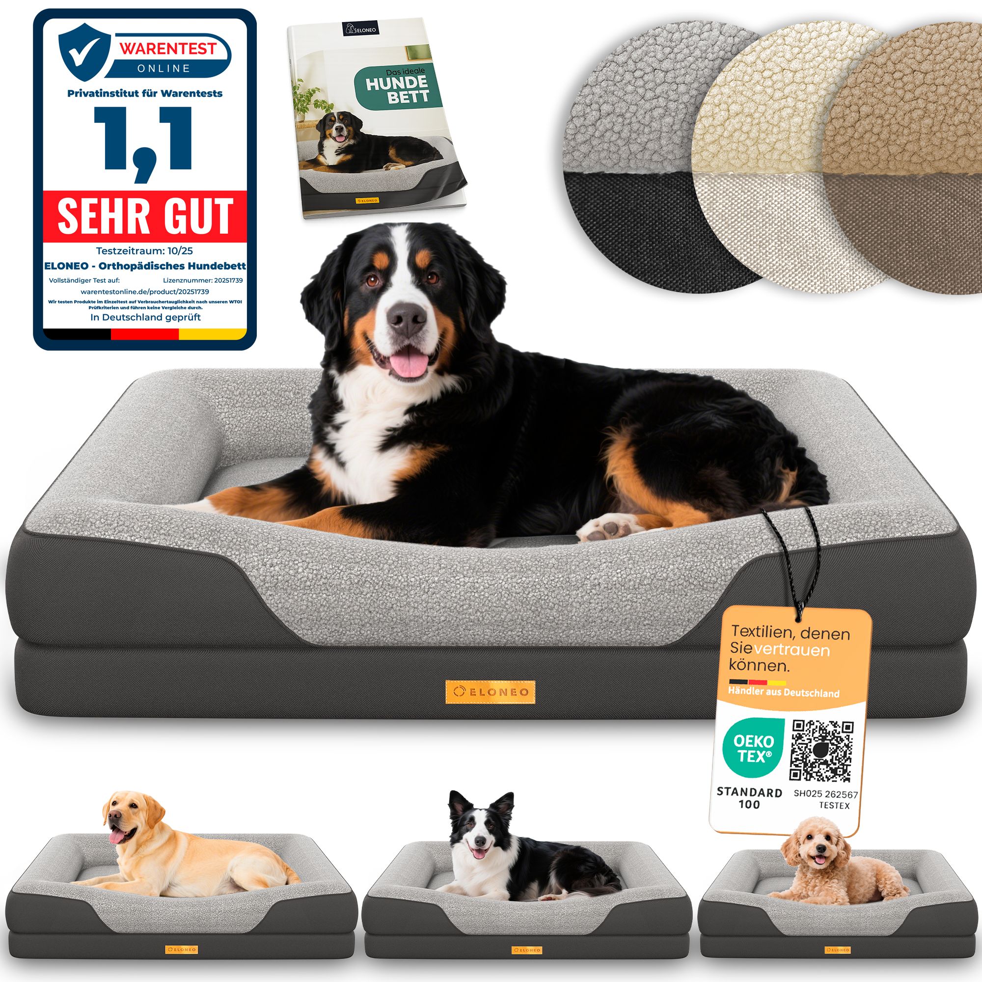 Hundebett, grau. Zertifizierung und Testurteil. Verschiedene Hunde liegen auf dem Bett. Produktverpackung.