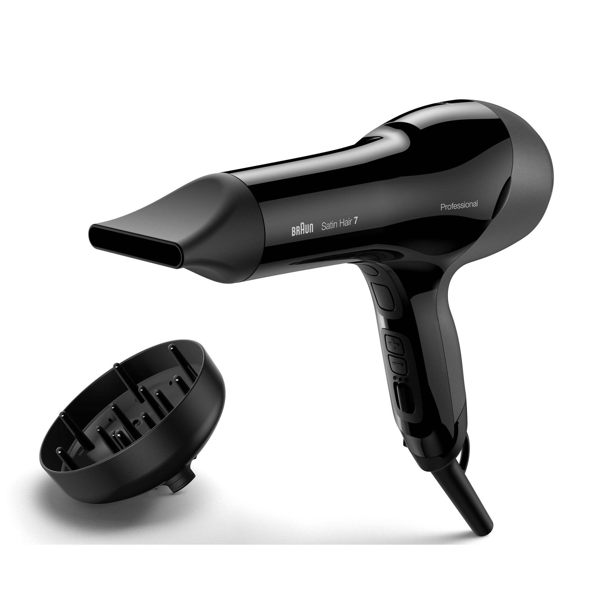 Schwarzer Haartrockner mit Diffusor. Der Trockner hat eine längliche Düse und einen Griff mit Bedienelementen. Der Diffusor ist rund.