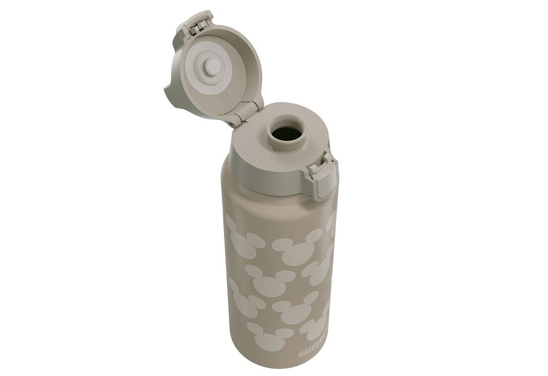 Trinkflasche mit Mickey Mouse-Muster. Beige mit weißem Muster. Deckel geöffnet.
