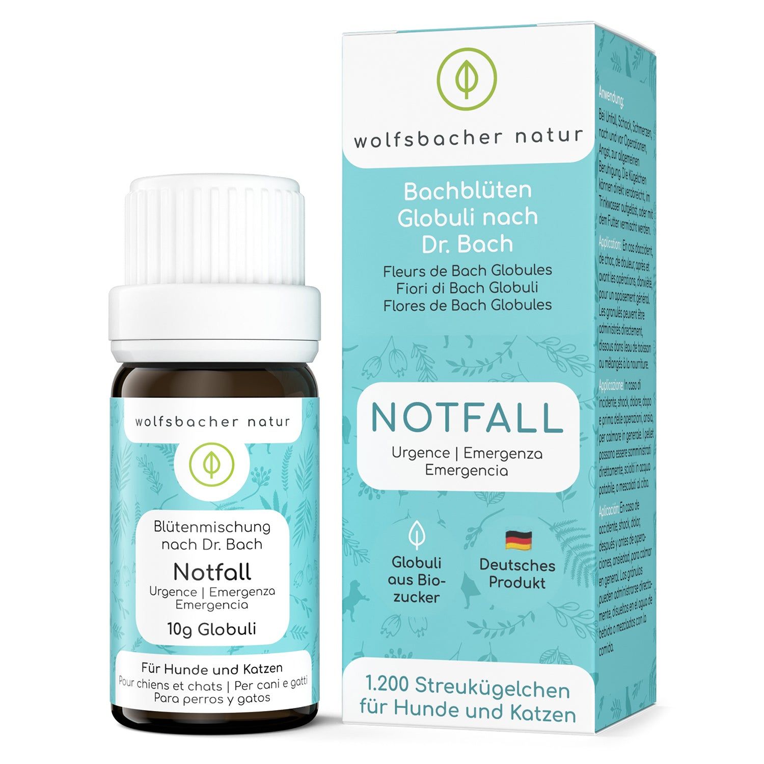 Braune Glasflasche und Schachtel mit Produktinformationen. Aufschrift: Notfall, Globuli, 10g, für Hunde und Katzen.