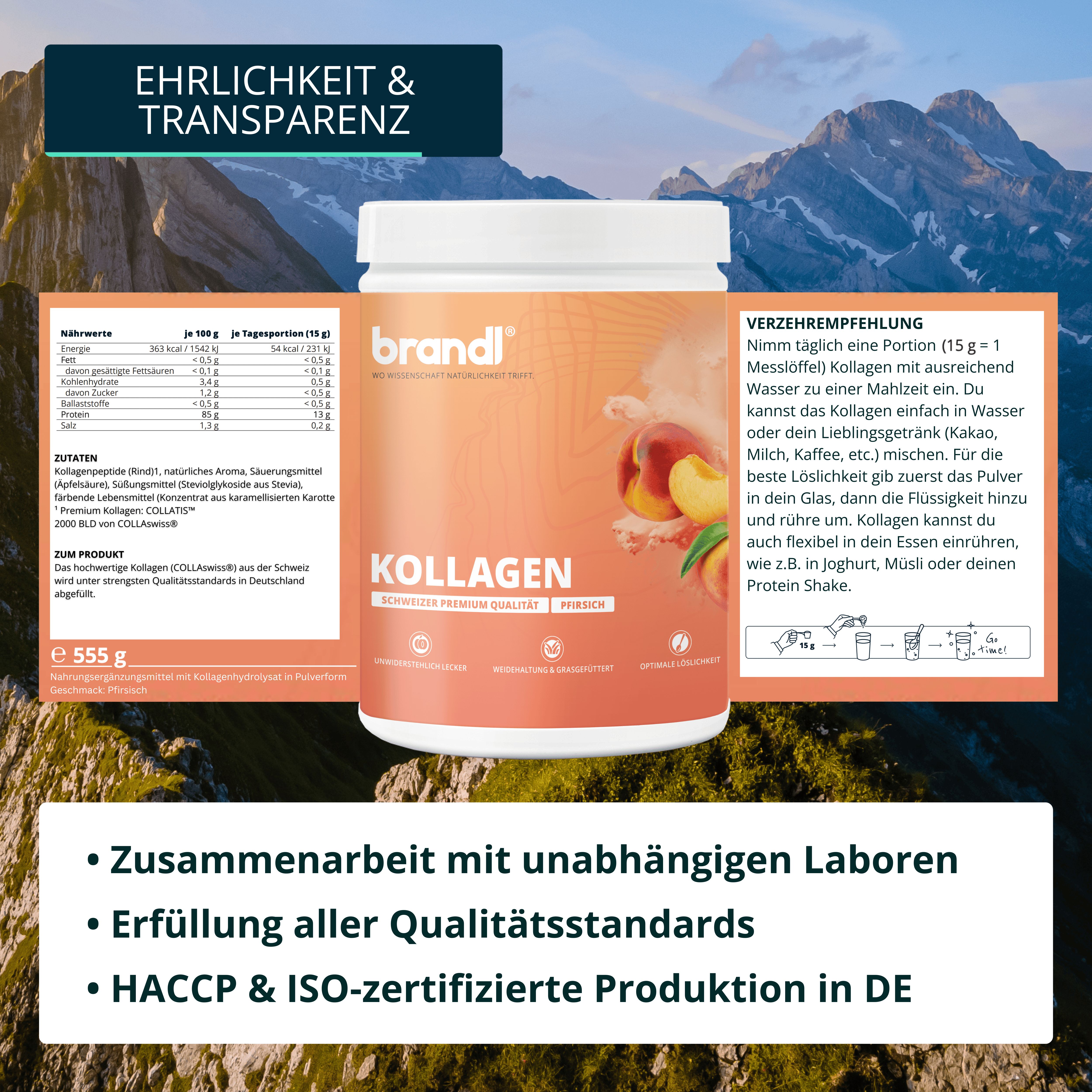Produkt-Dose mit Pfirsich-Abbildung. Text: Kollagen. Nährwertangaben. Text: Zusammenarbeit mit Laboren.