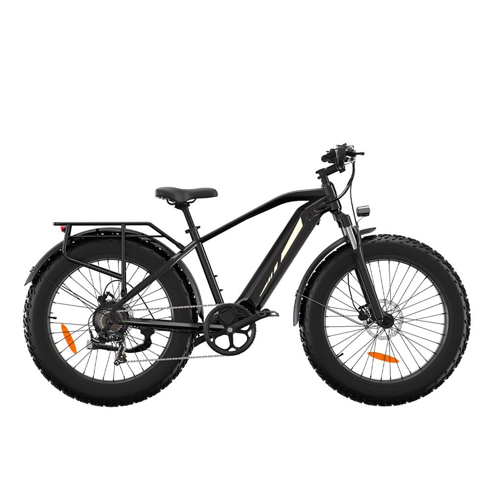 Schwarzes Elektro-Mountainbike mit breiten Reifen, Gepäckträger und Schutzblechen. Seitenansicht, Details.