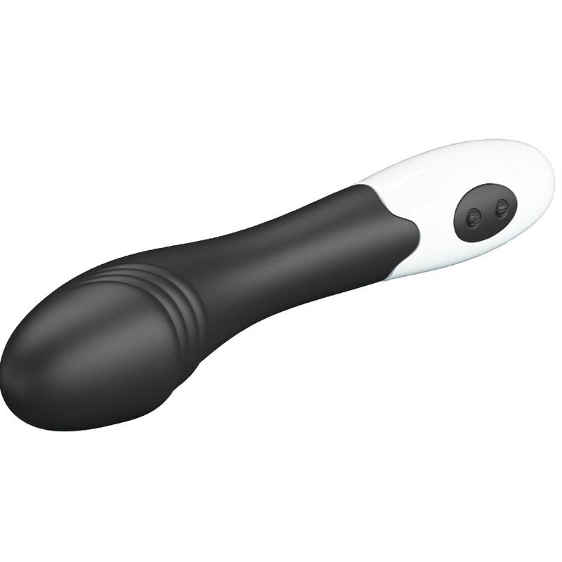 Schwarz-weißer Vibrator mit gebogener Form. Oberteil mit Rillen, Unterteil mit zwei Knöpfen.