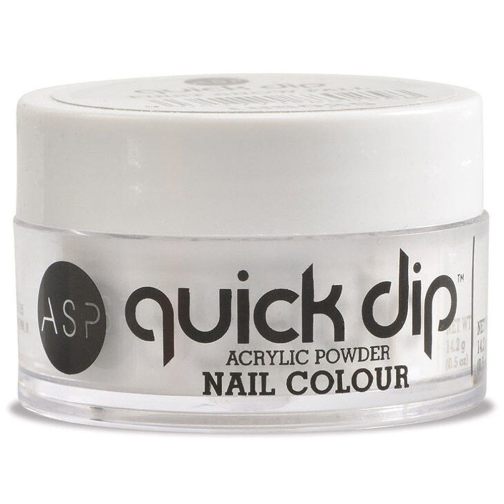 Weißes Tiegel mit Deckel. Aufschrift 'quick dip' und 'ACRYLIC POWDER NAIL COLOUR'.