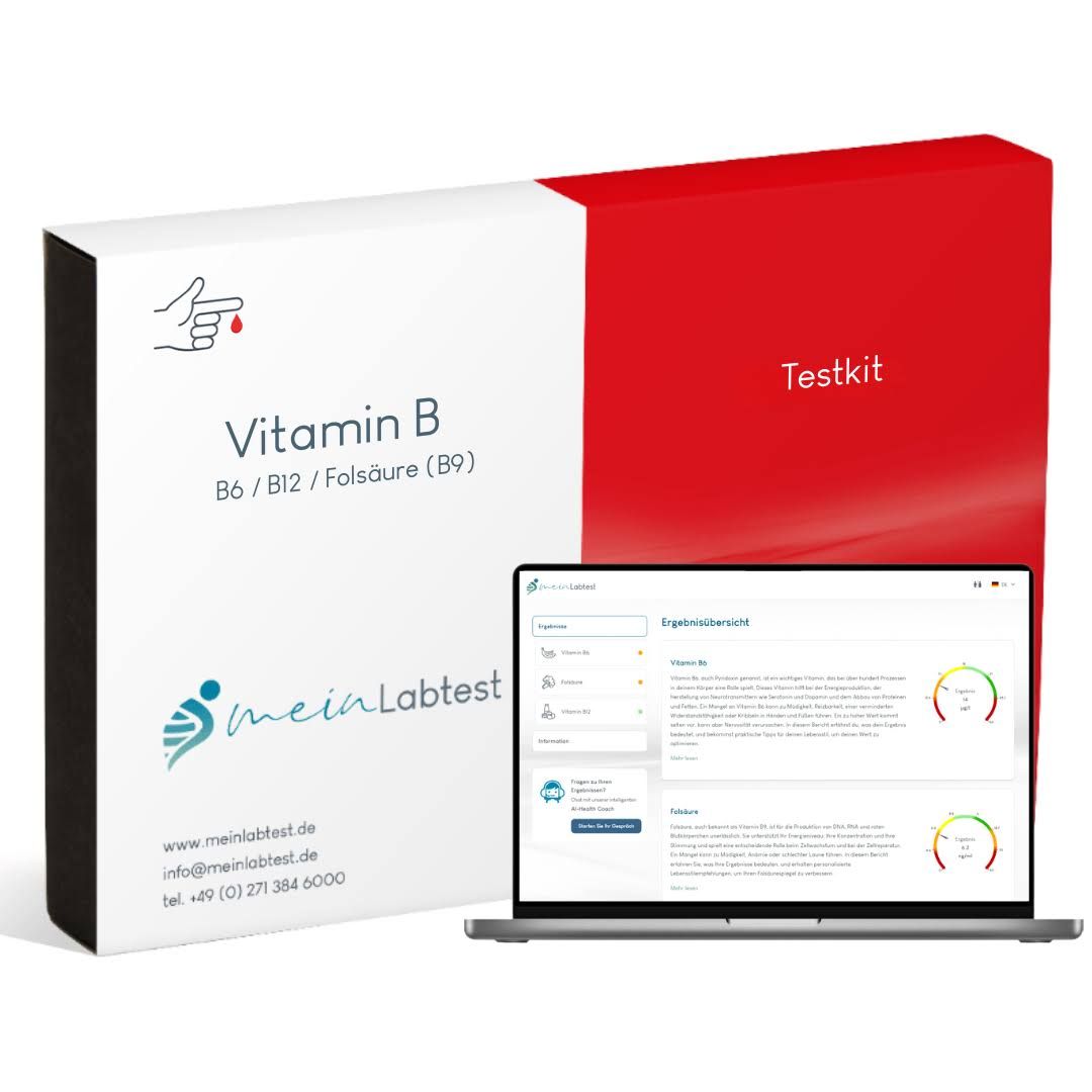 Vitamin B Testkit-Verpackung und Laptop. Weiß-roter Karton mit Logo und Produktinformationen. Laptop mit Testergebnissen.