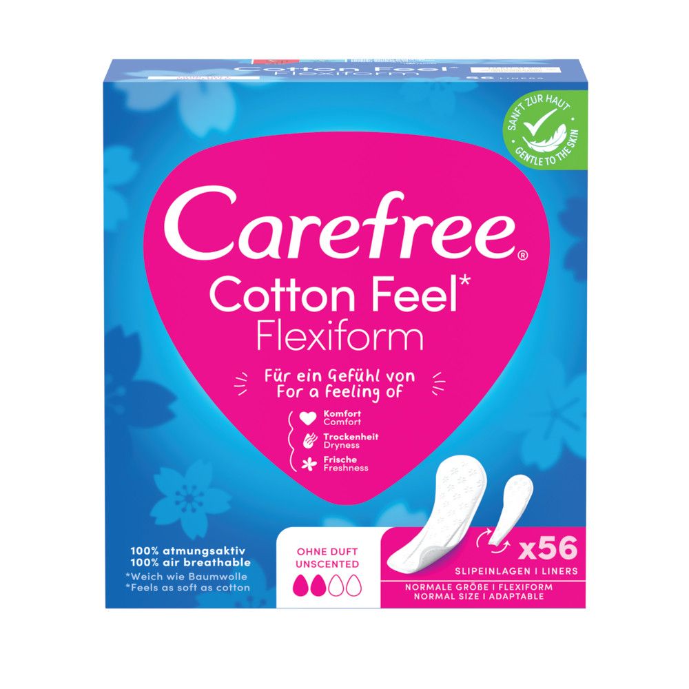 Carefree Slipeinlagen Cotton Feel Flexiform, Packung mit 56 Stück. Rosa Logo, blaue Verpackung. Ohne Duft.