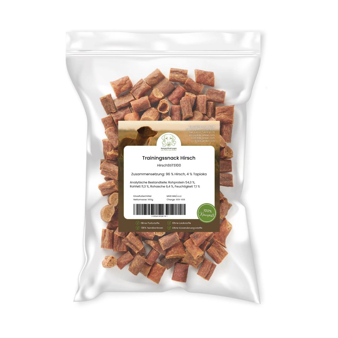 Verpackung mit Hundeleckerlis, Hirschgeschmack.