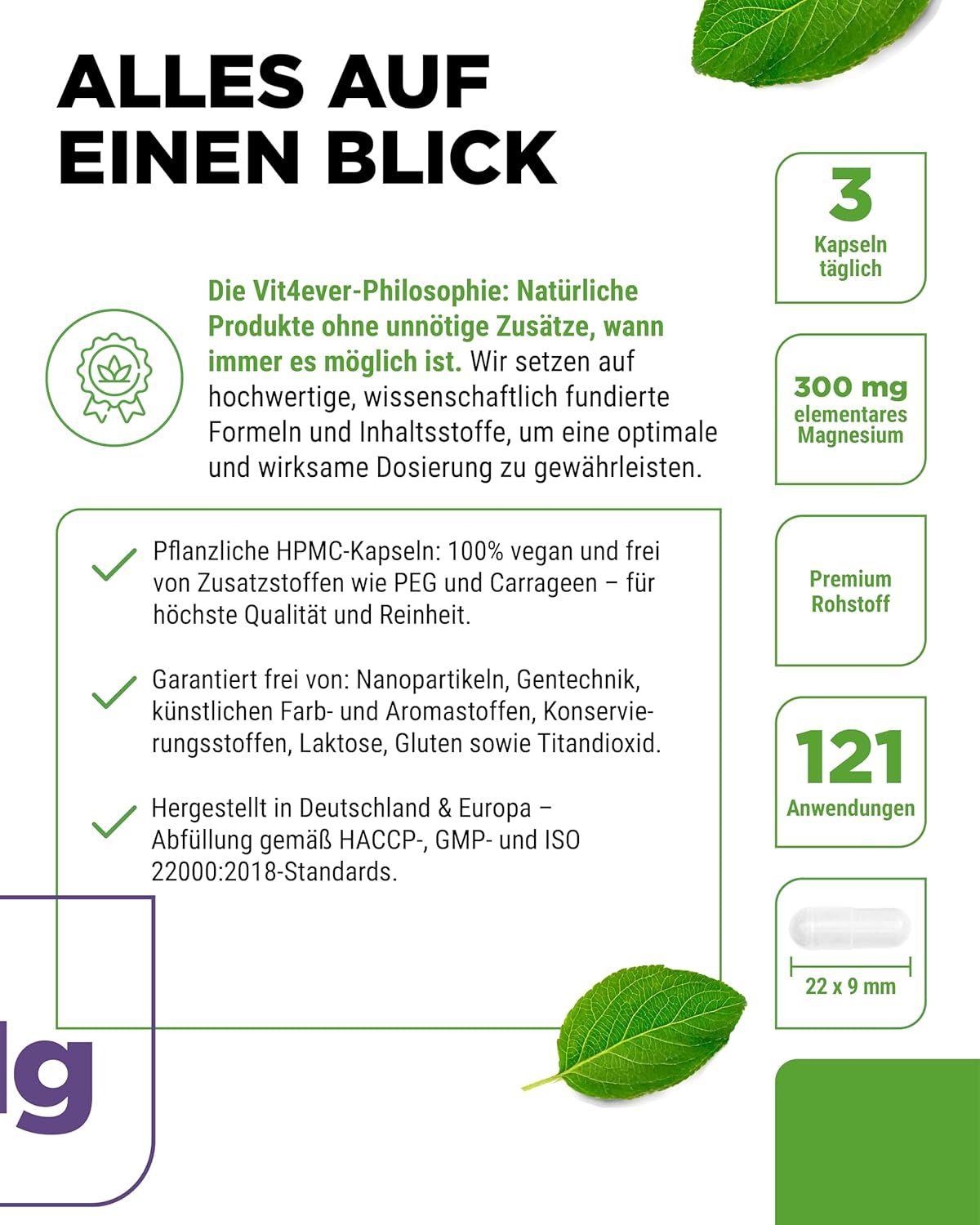 Vit4ever Magnesium: 300 mg elementares Magnesium pro Tagesdosis, 121 Anwendungen.