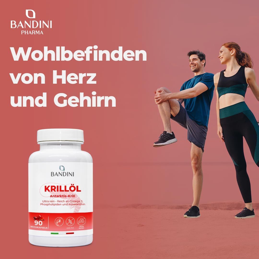 Weichkapseln-Dose mit Aufschrift Krillöl. Zwei Personen beim Dehnen im Hintergrund.