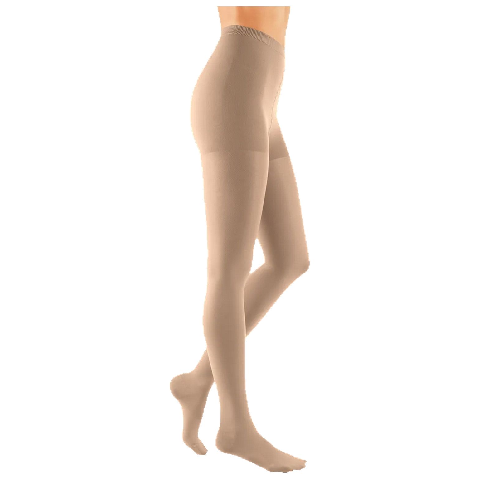 Hautfarbene Kompressionsstrumpfhose, Seitenansicht. Zeigt Bein von Fuß bis zur Taille. Glattes Material.