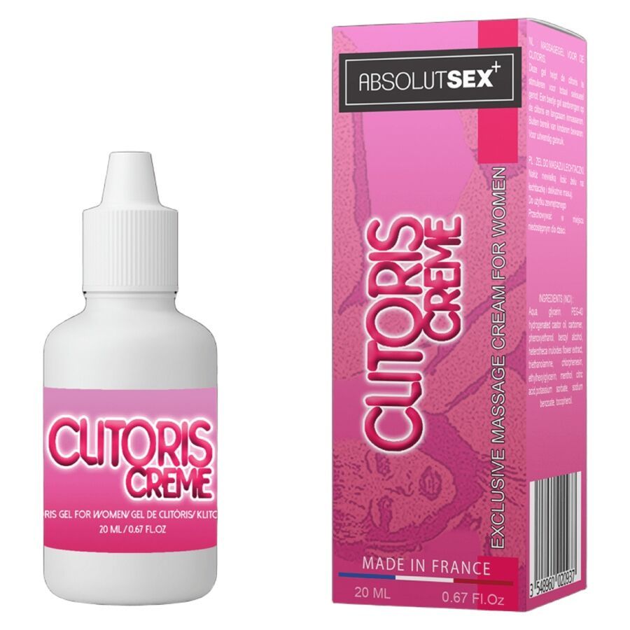 Flasche und Schachtel. Flasche: Clitoris Creme, 20 ml. Schachtel: ABSOLUTSEX+, Clitoris Creme, 20 ml. Hergestellt in Frankreich.
