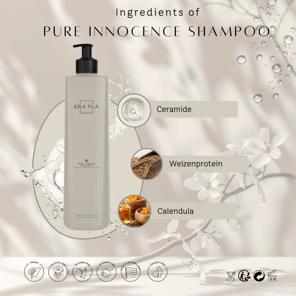 Beige Shampoo-Flasche mit schwarzem Pumpverschluss. Text: Era Tua, Pure Innocence Shampoo. Inhaltsstoffe: Ceramide, Weizenprotein, Calendula.