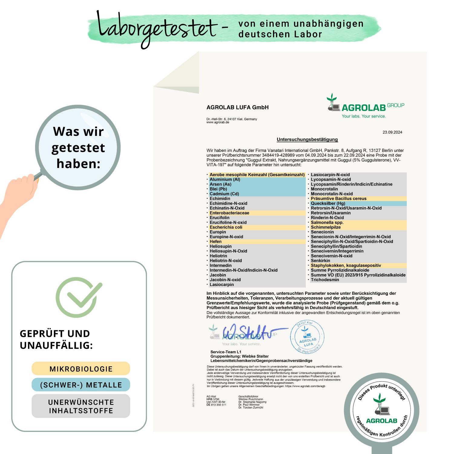 Laborzertifikat von Agrolab. Geprüft auf Mikrobiologie, Schwermetalle, unerwünschte Inhaltsstoffe.