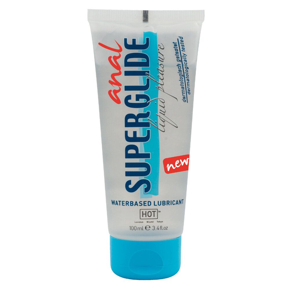 Tube ANAL SUPERGLIDE, wasserbasiertes Gleitmittel. Blaue Kappe. Text: NEW, HOT, 100ml.