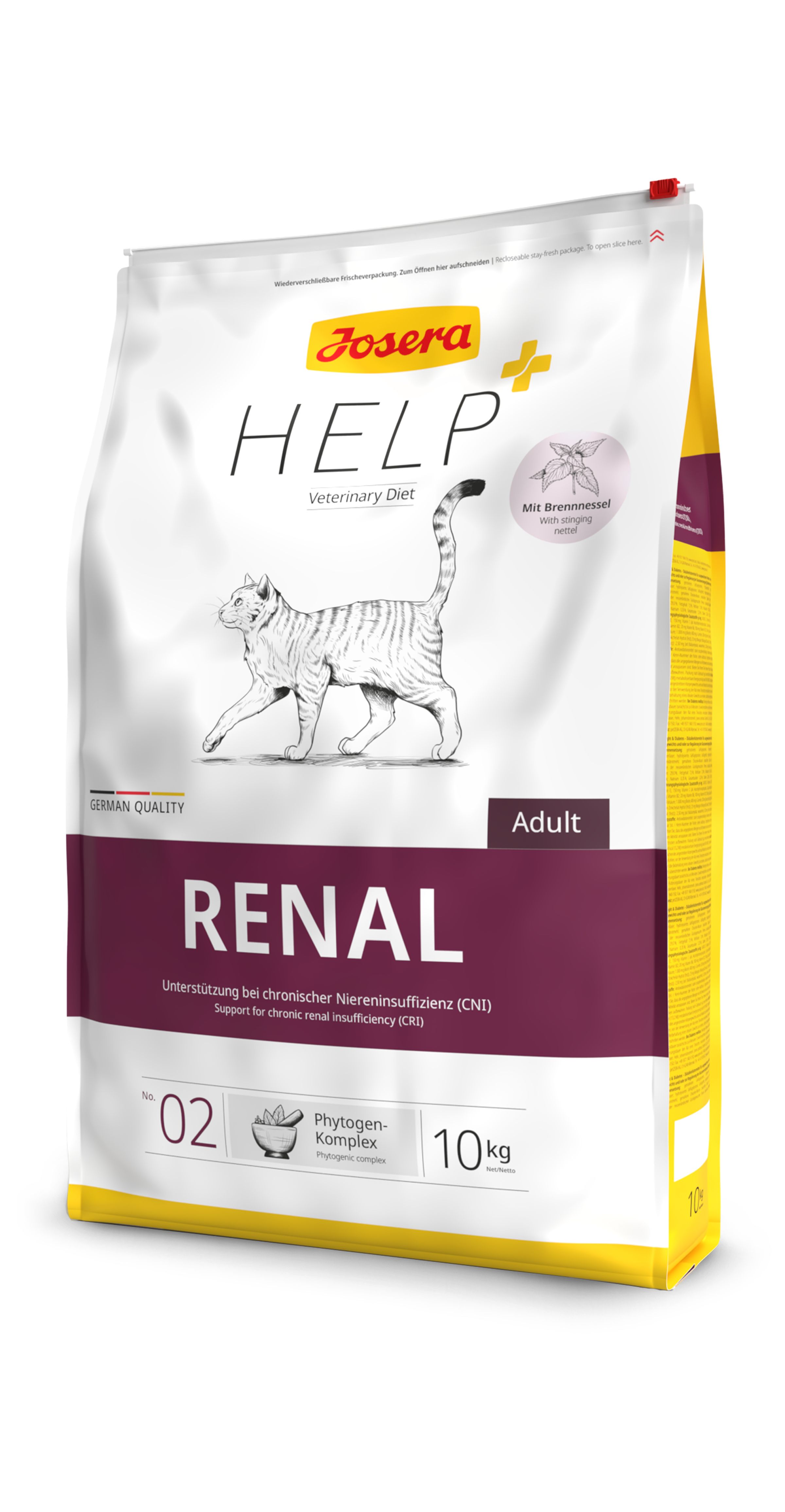 Josera Help Renal Adult Katzentrockenfutter, 10kg Beutel mit Illustration einer Katze und Niereninformationen.
