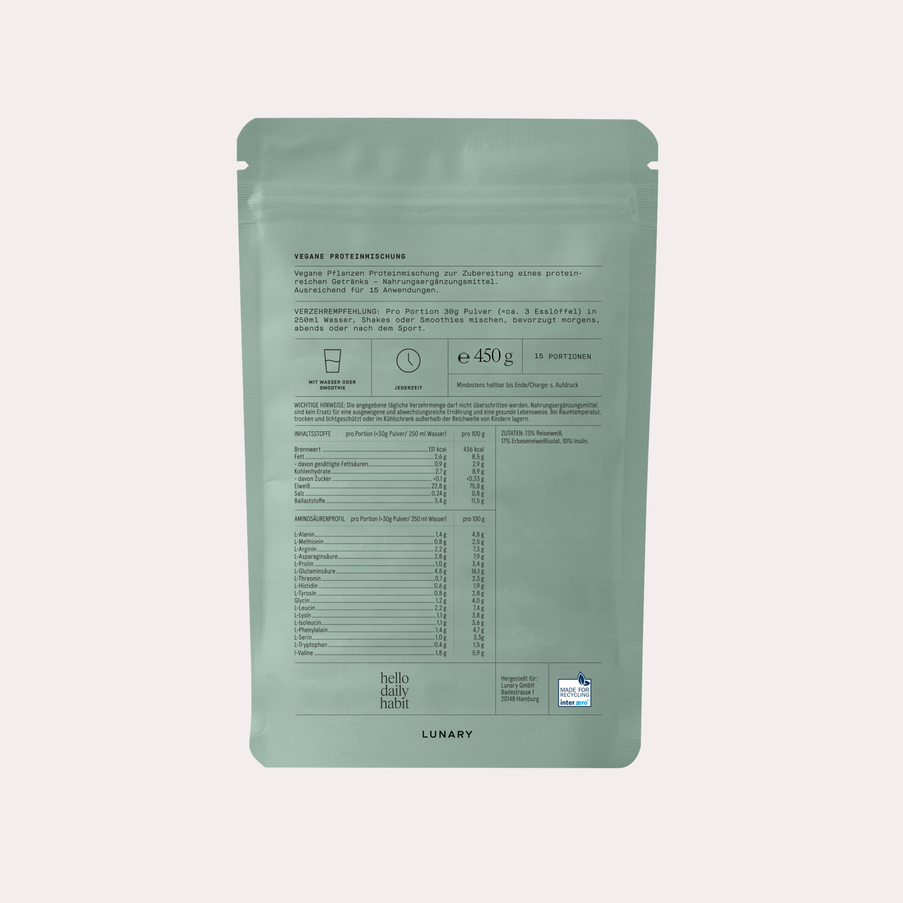 LUNARY Veganes Proteinpulver mit Inulin, 23g Protein pro Portion