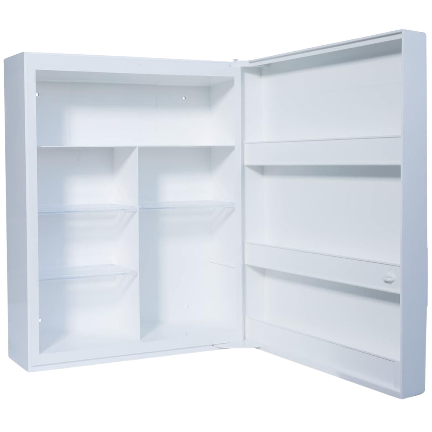 Weißer Verbandschrank, geöffnet. Innenraum mit Regalen und Fächern.