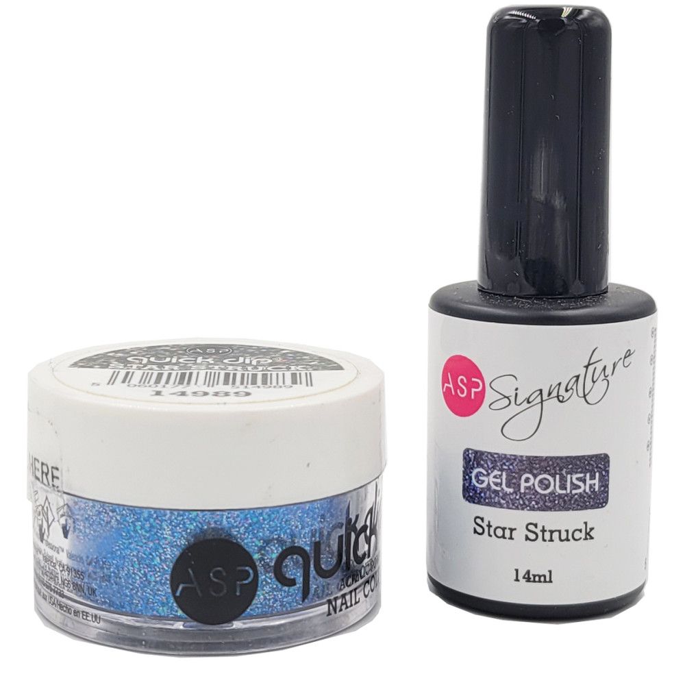 Gel-Nagellackflasche und Puderbehälter. Blaue Glitzerpartikel im Puder. ASP-Logo und Produktnamen.