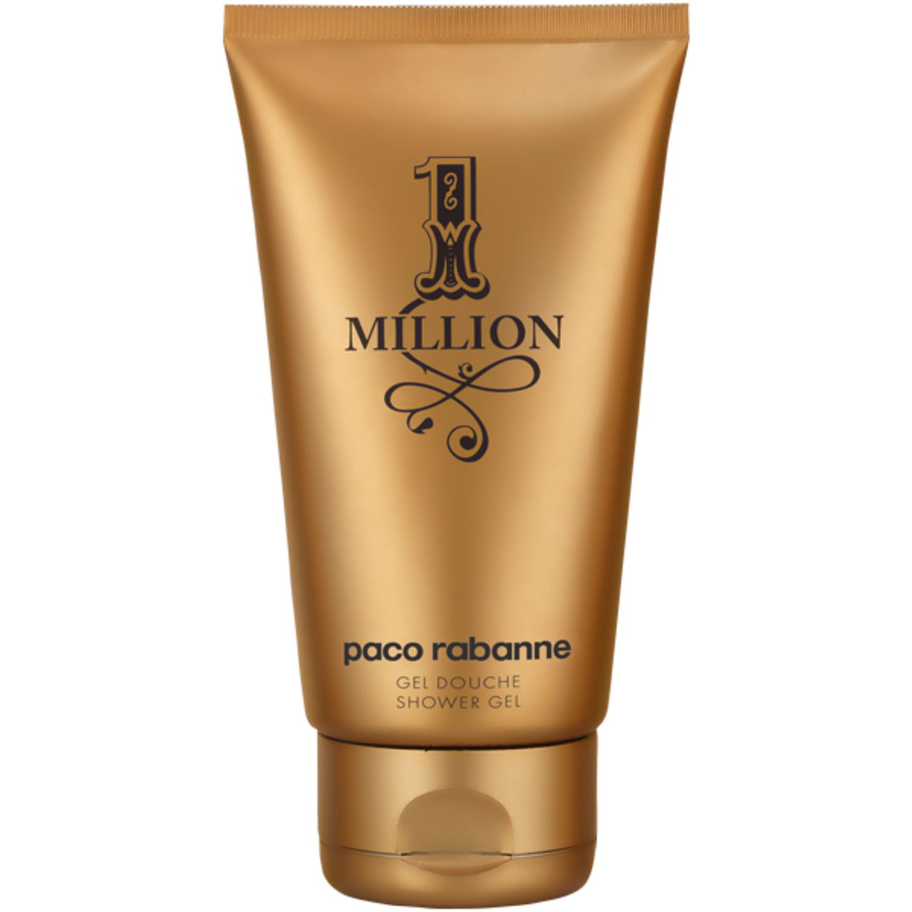 Goldfarbene Tube mit schwarzem "1 Million" Logo und Schriftzug "paco rabanne Gel Douche Shower Gel".