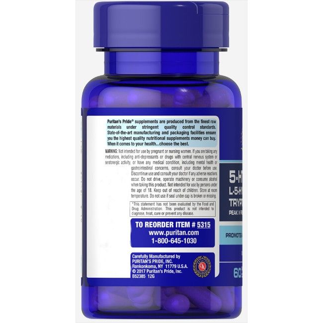 Rückseite einer Puritan's Pride 5-HTP L-5-Hydroxytryptophan 200mg Flasche mit Dosierungsinformationen.