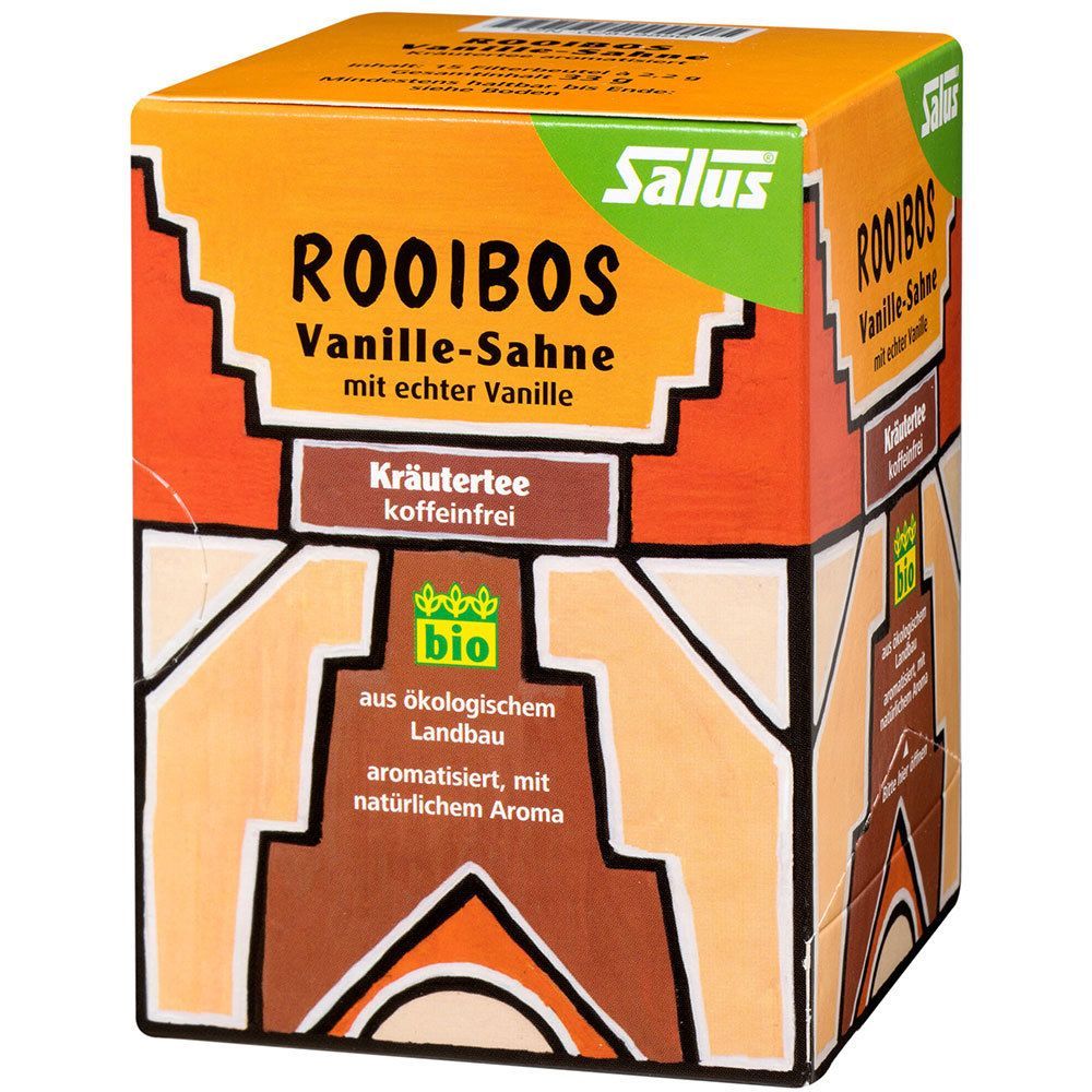 Karton Salus® Rooibos Vanille-Sahne Kräutertee. Bio-Siegel. Aufschrift: koffeinfrei, mit echter Vanille, aromatisiert mit natürlichem Aroma. Ansicht von zwei Seiten.