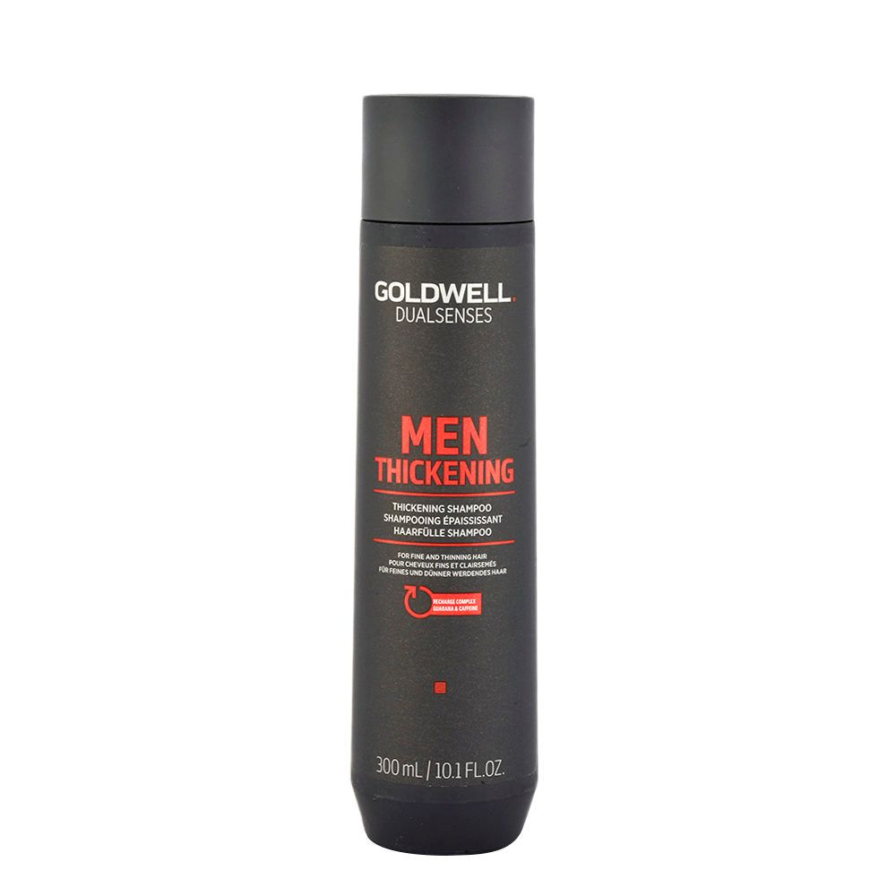 Schwarze Flasche mit roter und weißer Schrift. Aufschrift: Goldwell Dualsenses Men Thickening Shampoo. Volumen: 300ml.