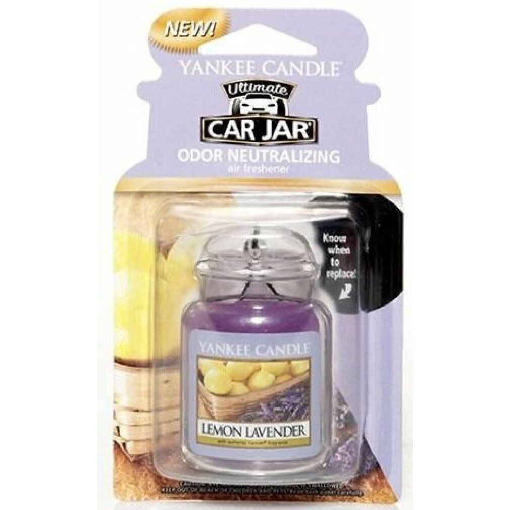 Yankee Candle Car Jar, Lemon Lavender Duft. Lila Glasbehälter in Verpackung. Text: "Odor Neutralizing".
