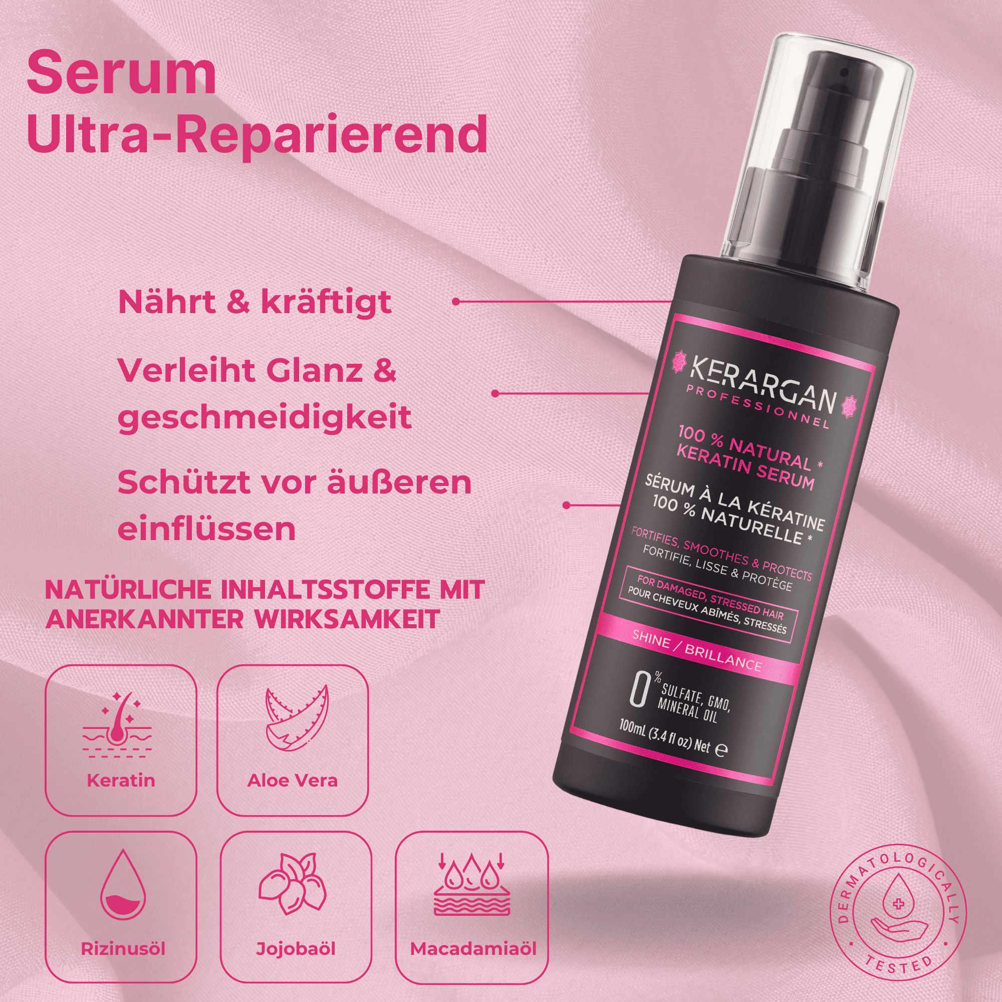 Flacone di siero nero. Kerargan Professional, 100% Natural Keratin Serum. 0% Sulfate, GMO, Mineral Oil. Testo in italiano.