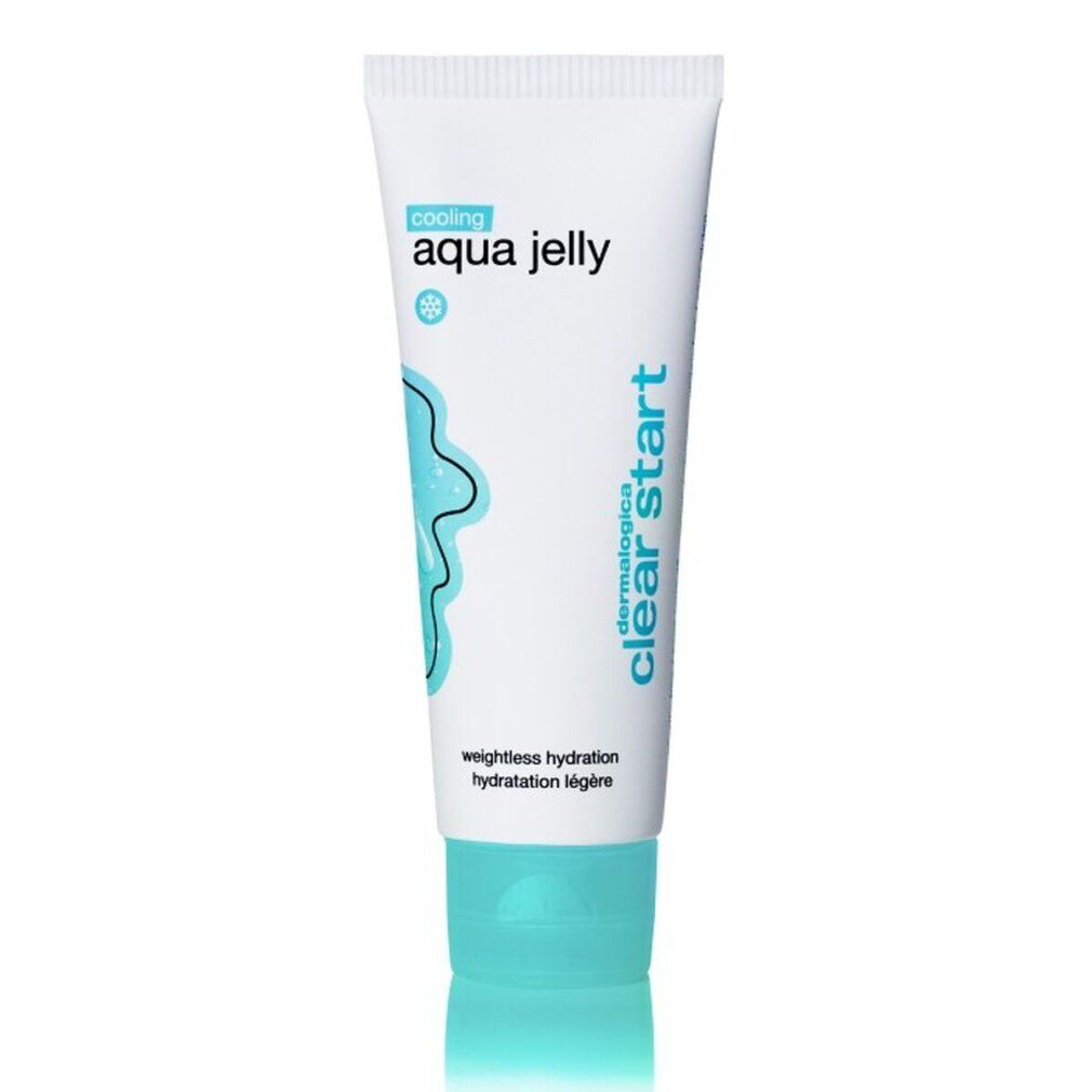 Weiße Tube mit blauem Deckel. Aufschrift: cooling aqua jelly, clear start, weightless hydration. Marke: dermalogica.