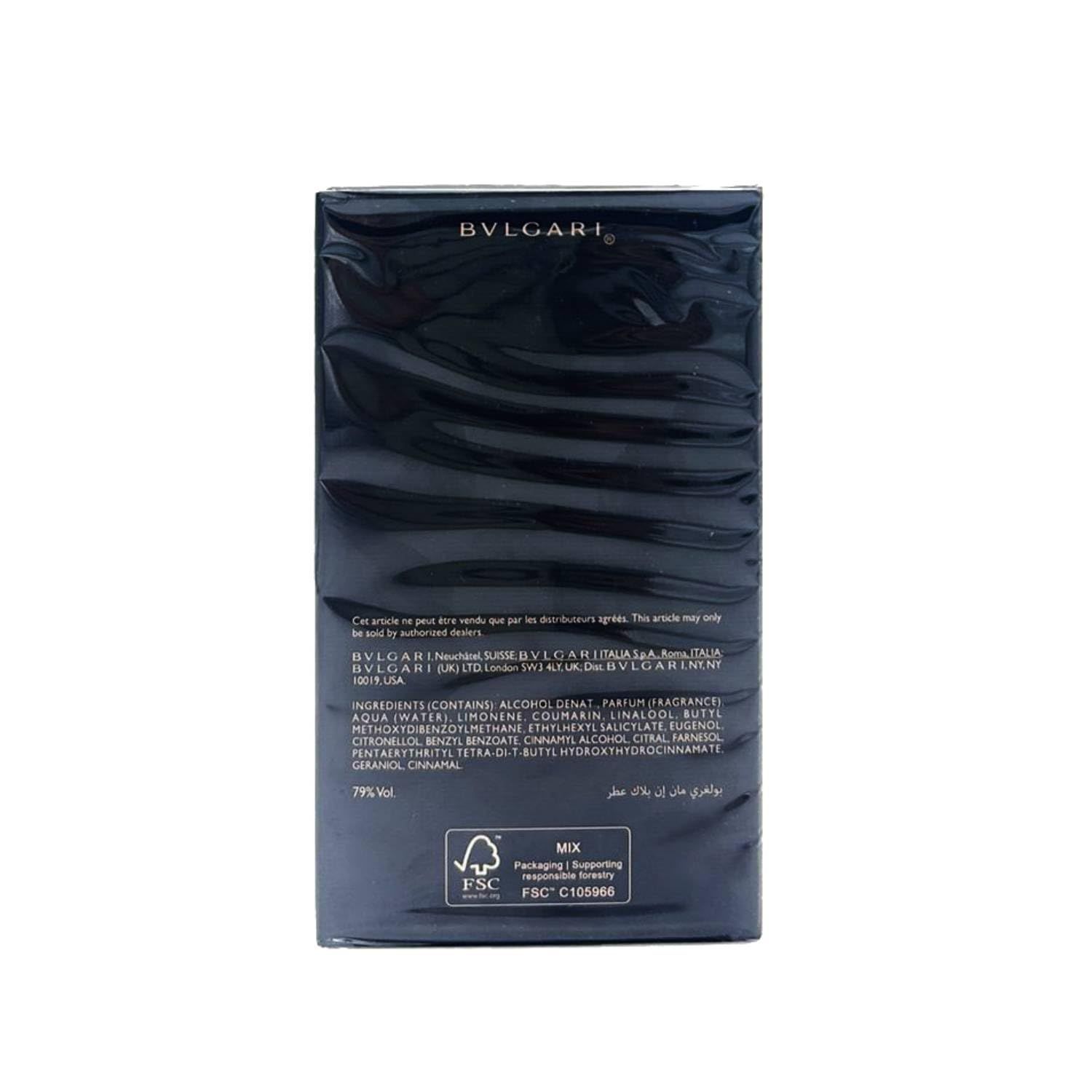 Rückseite der Verpackung mit Text und FSC-Zertifizierung. Schwarze Verpackung mit weißem Text.