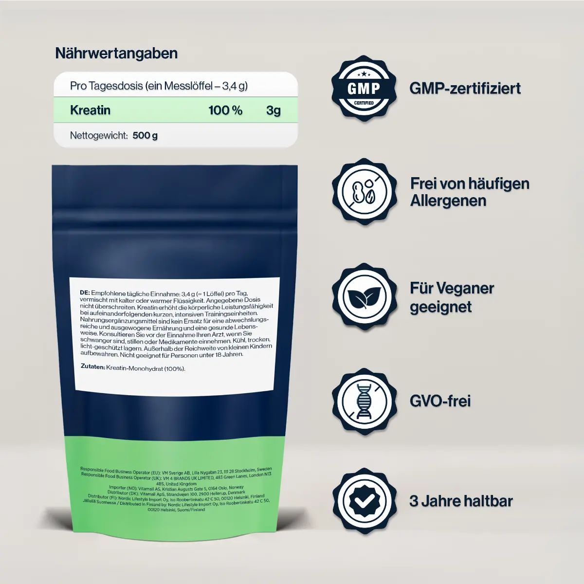 Rückseite des Beutels mit Nährwertangaben und Siegeln: GMP-zertifiziert, vegan, GVO-frei.