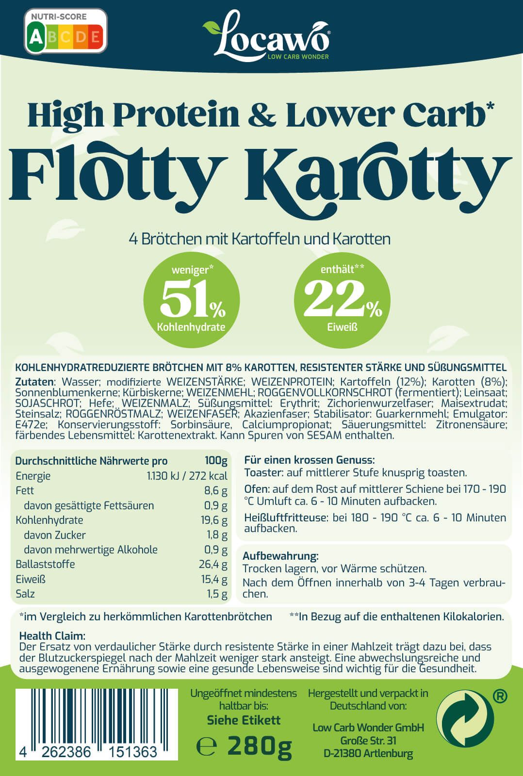 Nährwertangaben und Zutatenliste für Locawo Flotty Karotty Brötchen.